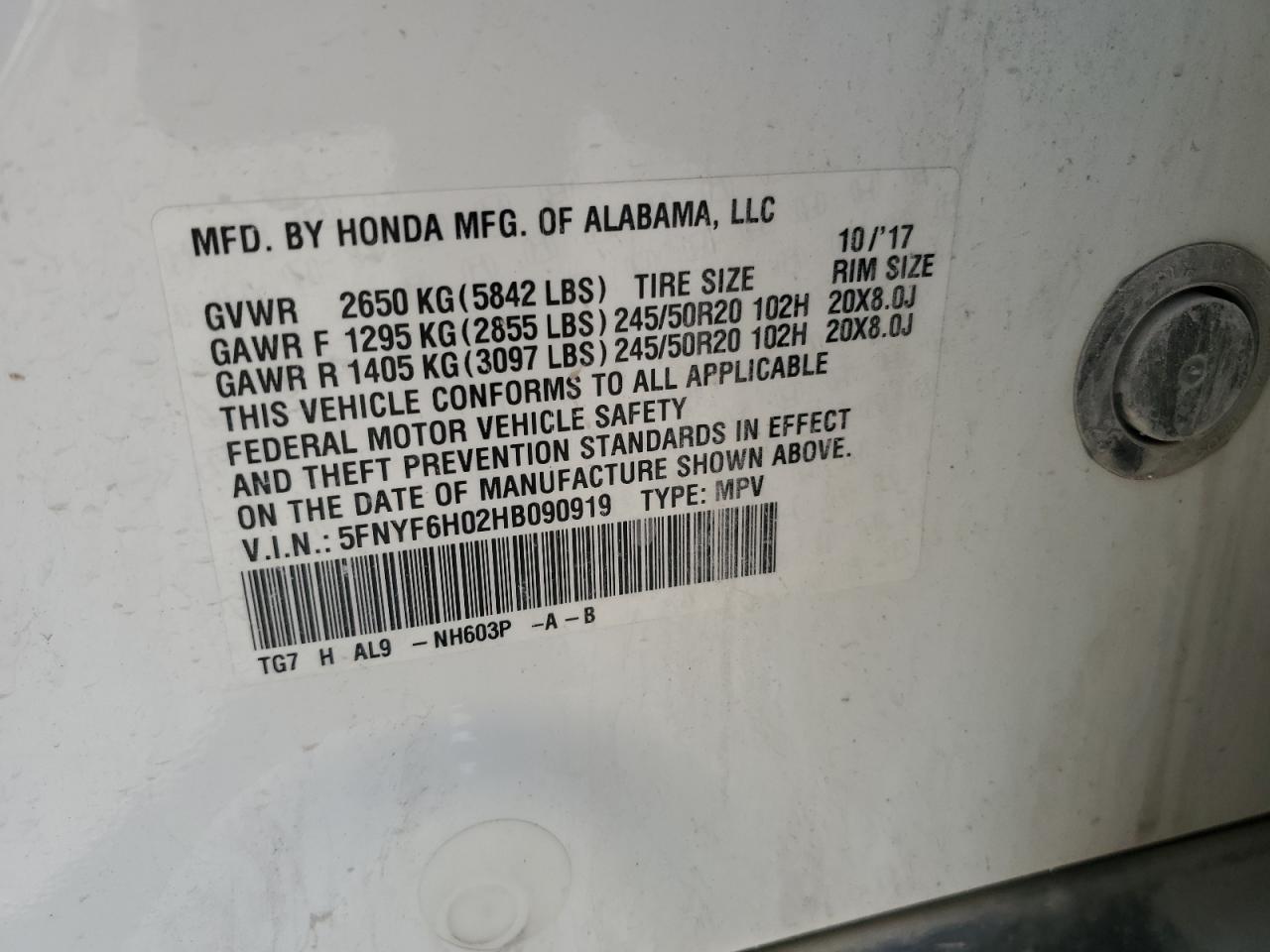 5FNYF6H02HB090919 HONDA PILOT 2017