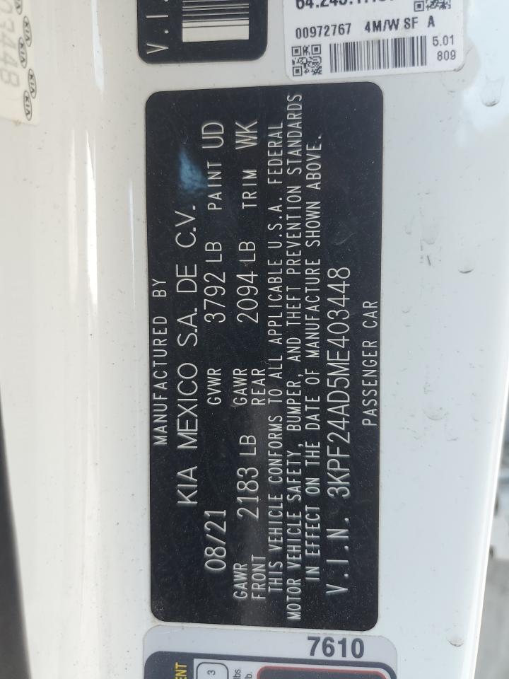 2021 Kia Forte Fe VIN: 3KPF24AD5ME403448 Lot: 62648085
