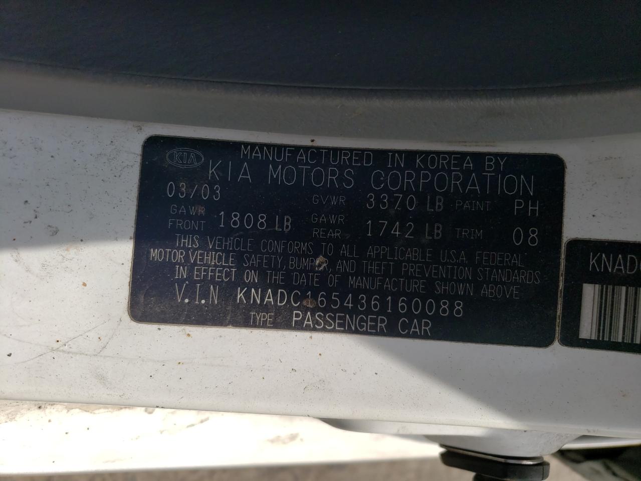 2003 Kia Rio Cinco VIN: KNADC165436160088 Lot: 61349605