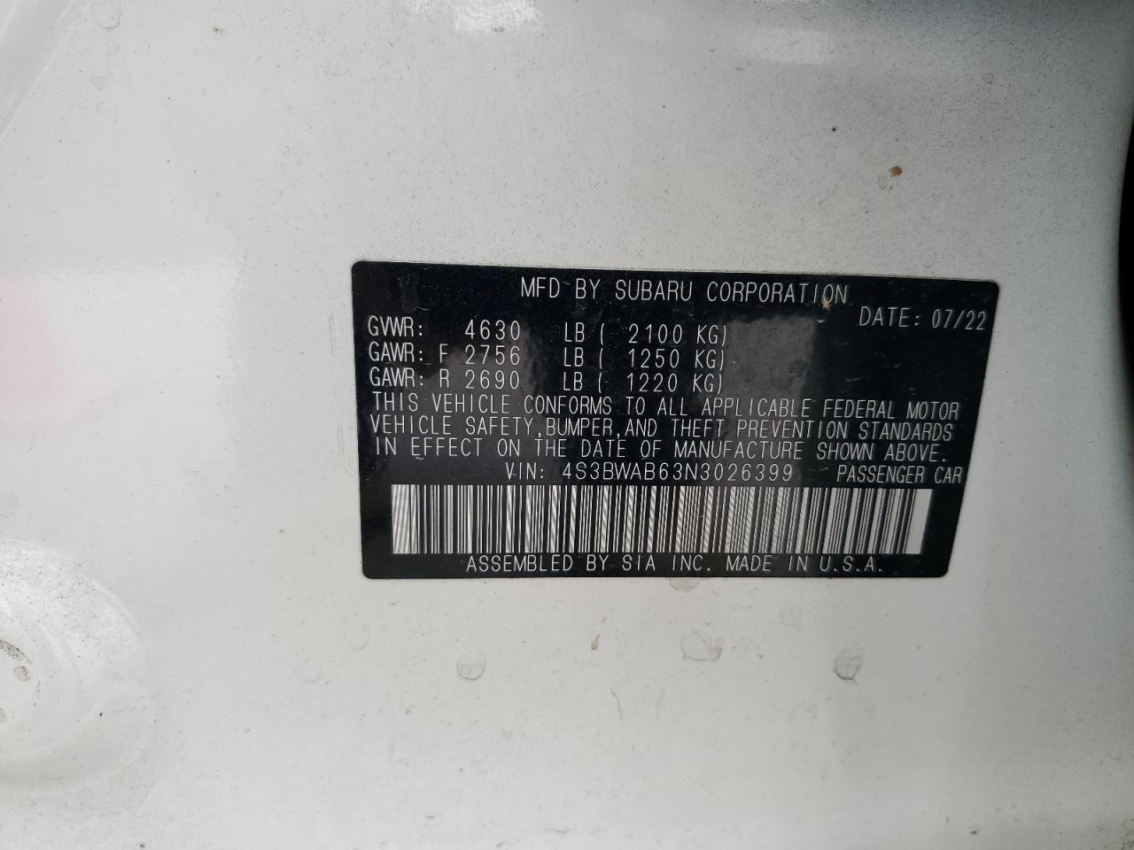 2022 Subaru Legacy VIN: 4S3BWAB63N3026399 Lot: 60761355