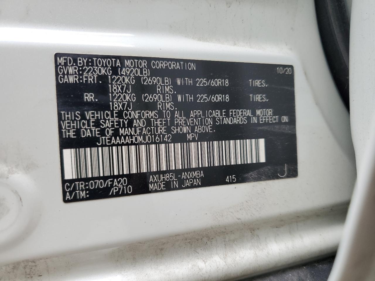 2021 Toyota Venza Le VIN: JTEAAAAH0MJ016142 Lot: 60227255
