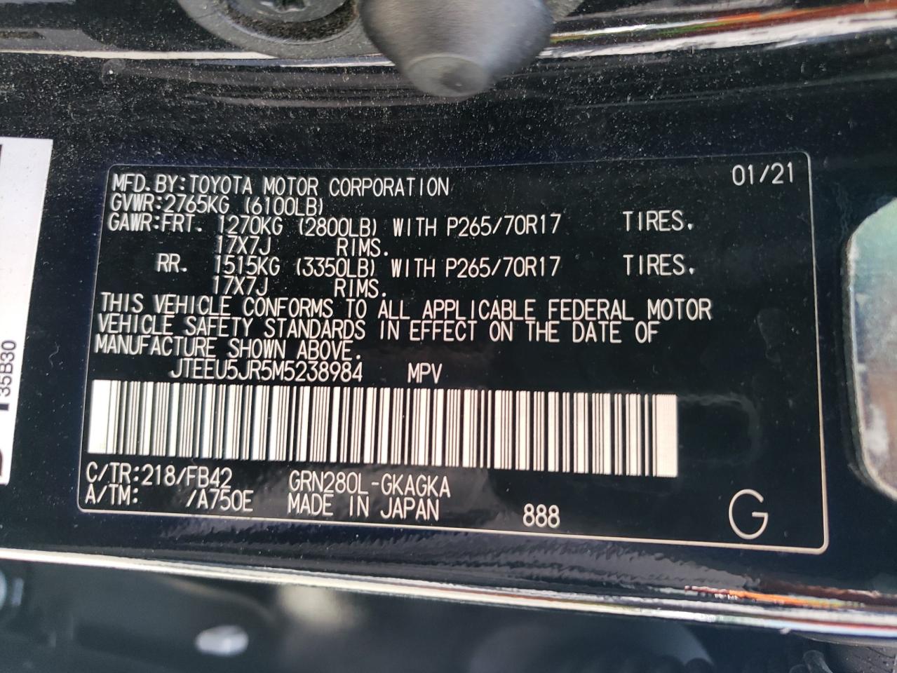 2021 Toyota 4Runner Sr5 VIN: JTEEU5JR5M5238984 Lot: 62272315