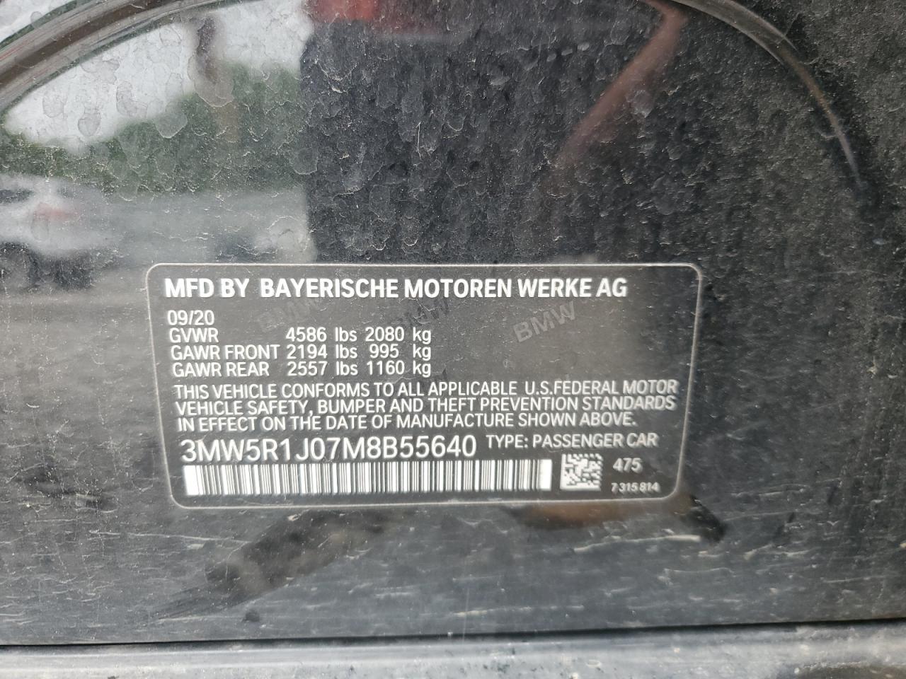 2021 BMW 330I VIN: 3MW5R1J07M8B55640 Lot: 60189535