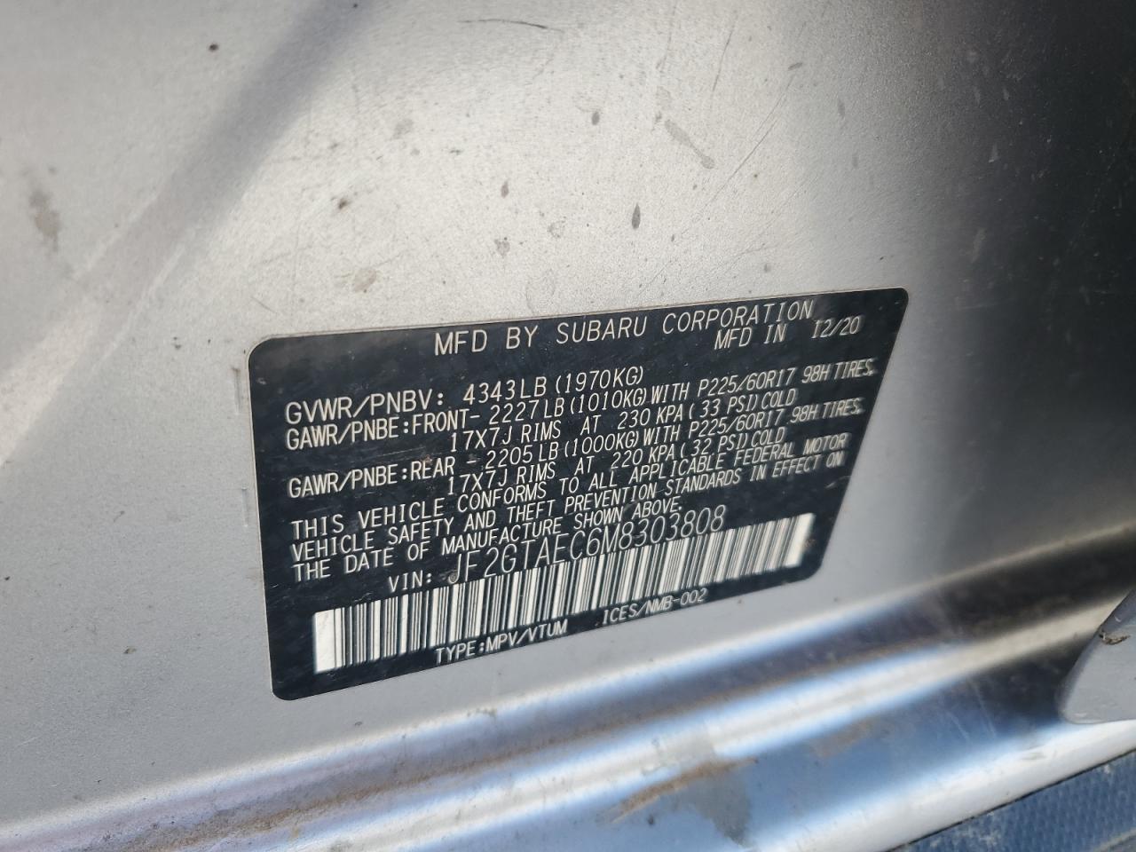 2021 Subaru Crosstrek Premium VIN: JF2GTAEC6M8303808 Lot: 61347265