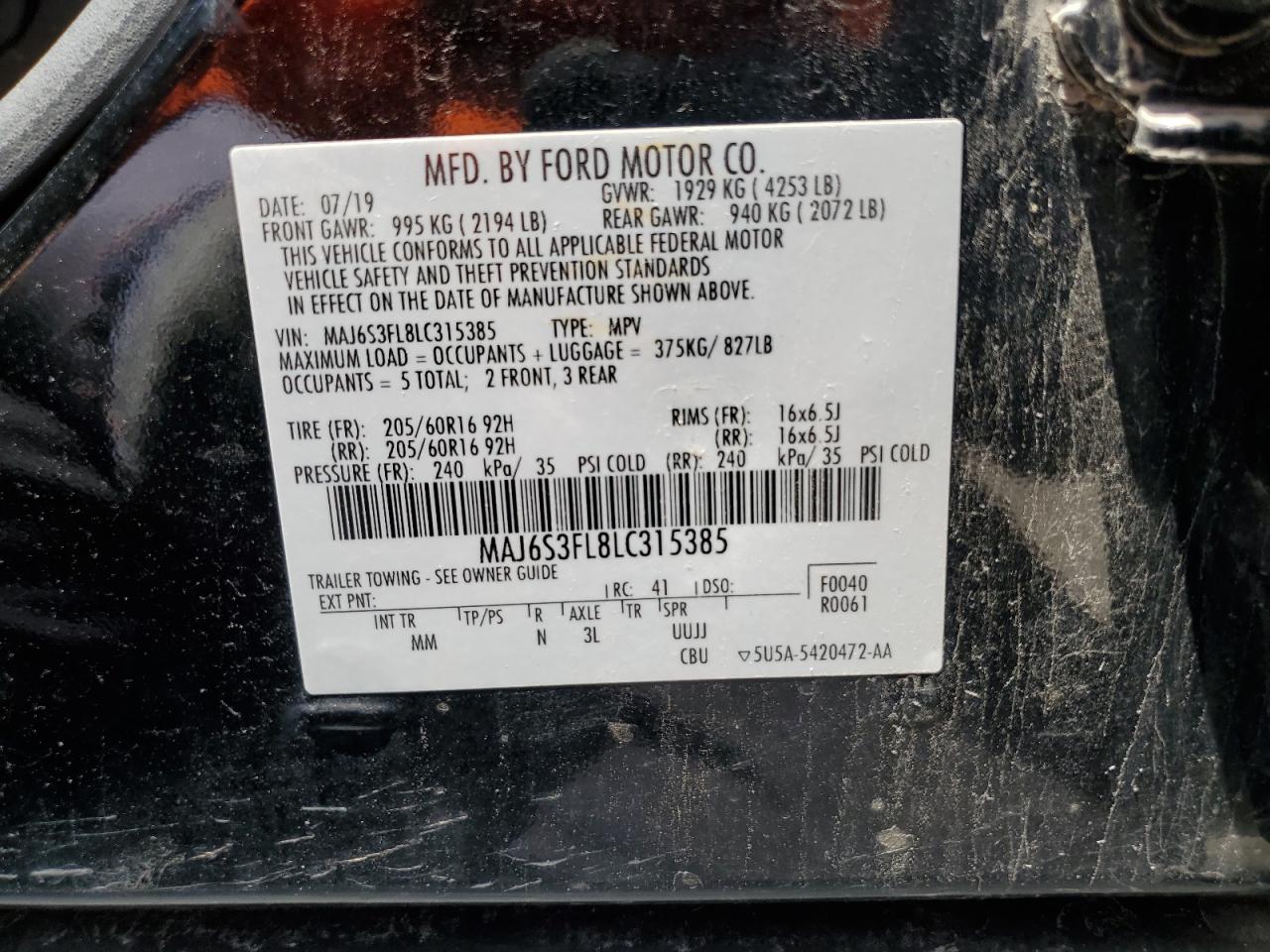 2020 Ford Ecosport S VIN: MAJ6S3FL8LC315385 Lot: 60980105