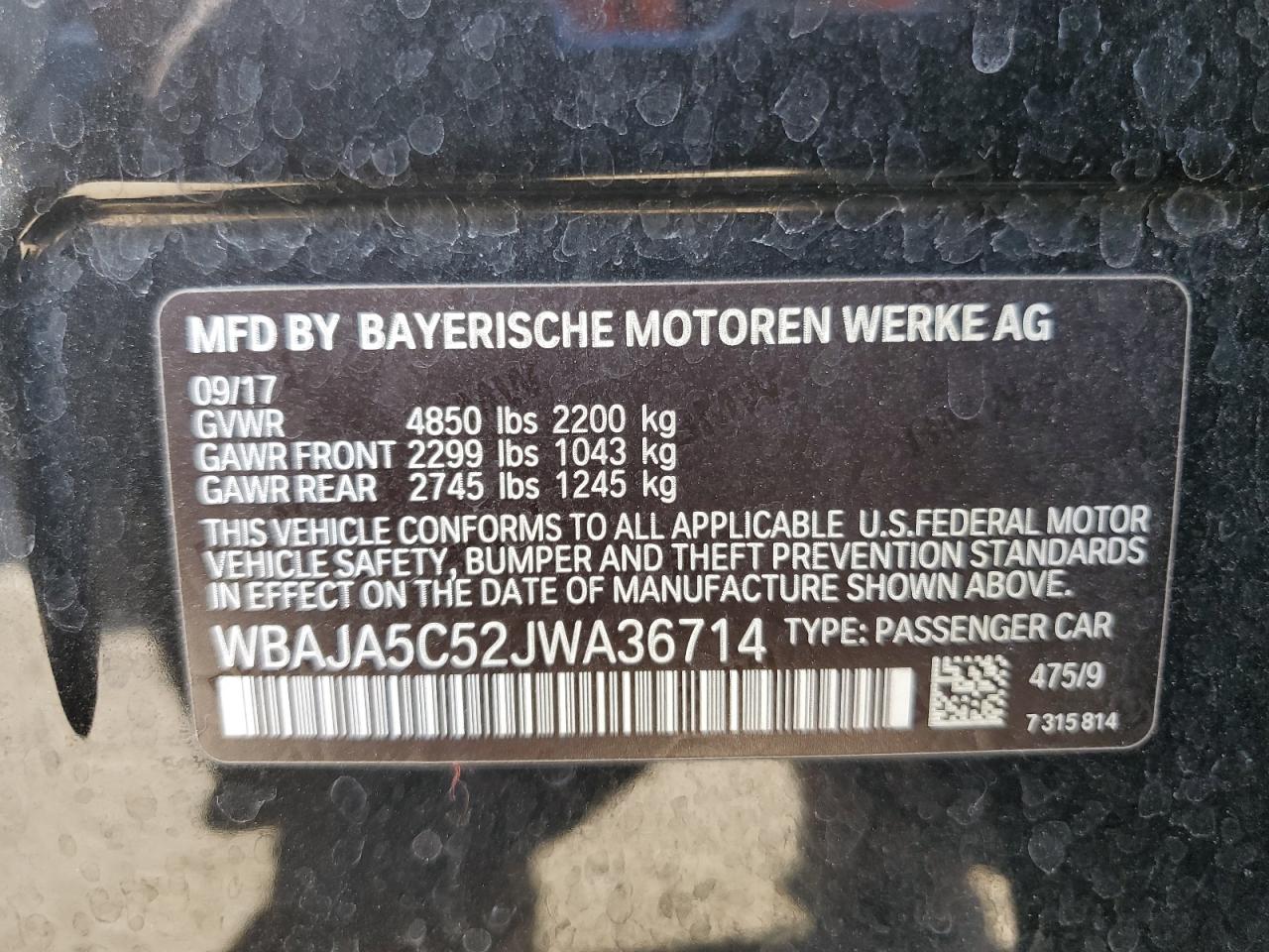 2018 BMW 530 I VIN: WBAJA5C52JWA36714 Lot: 61765865