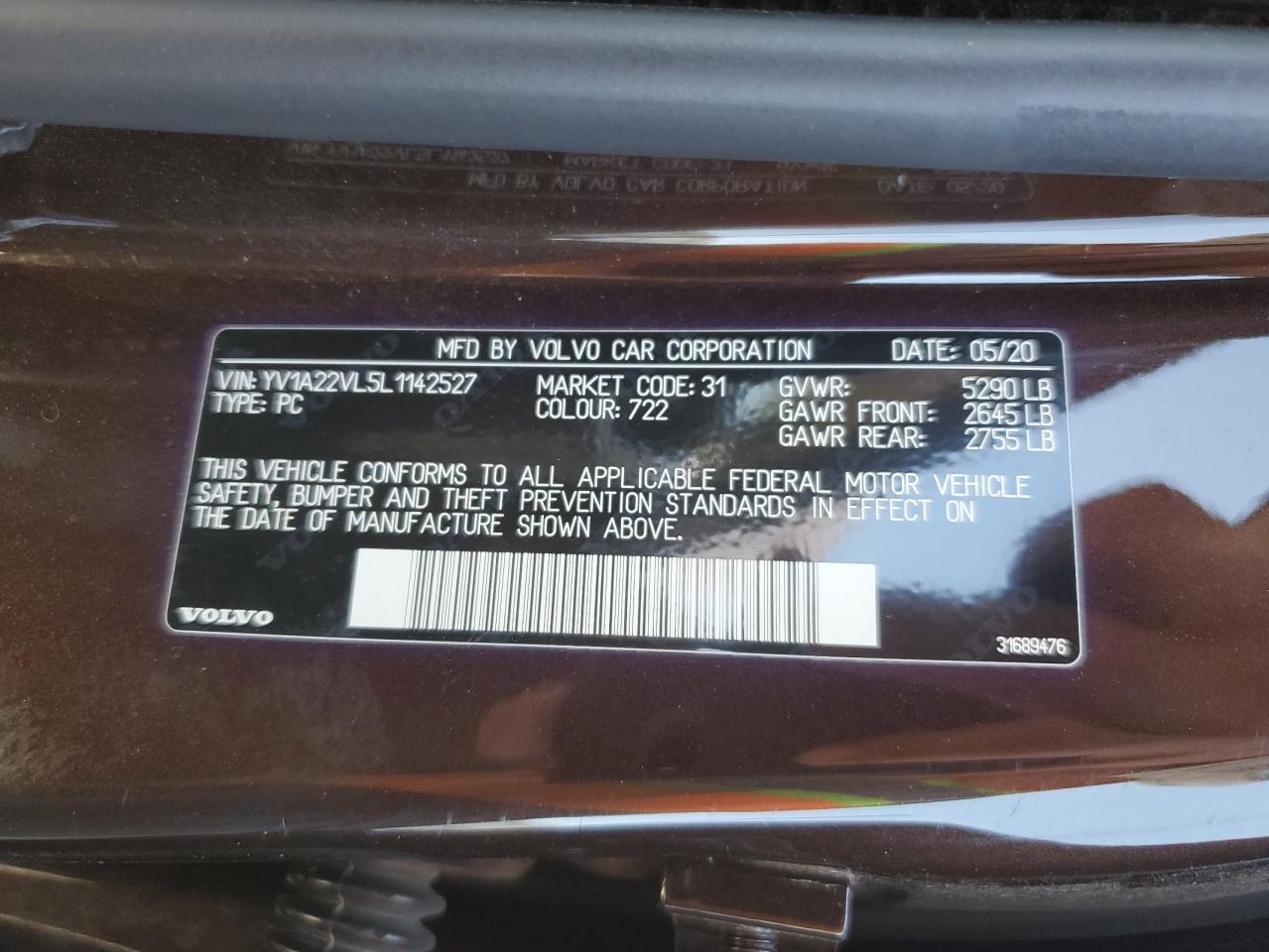 2020 Volvo V90 T6 Inscription VIN: YV1A22VL5L1142527 Lot: 60646355