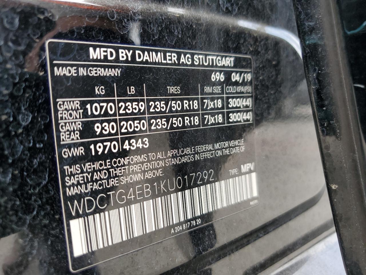 2019 Mercedes-Benz Gla 250 VIN: WDCTG4EB1KU017292 Lot: 59198755