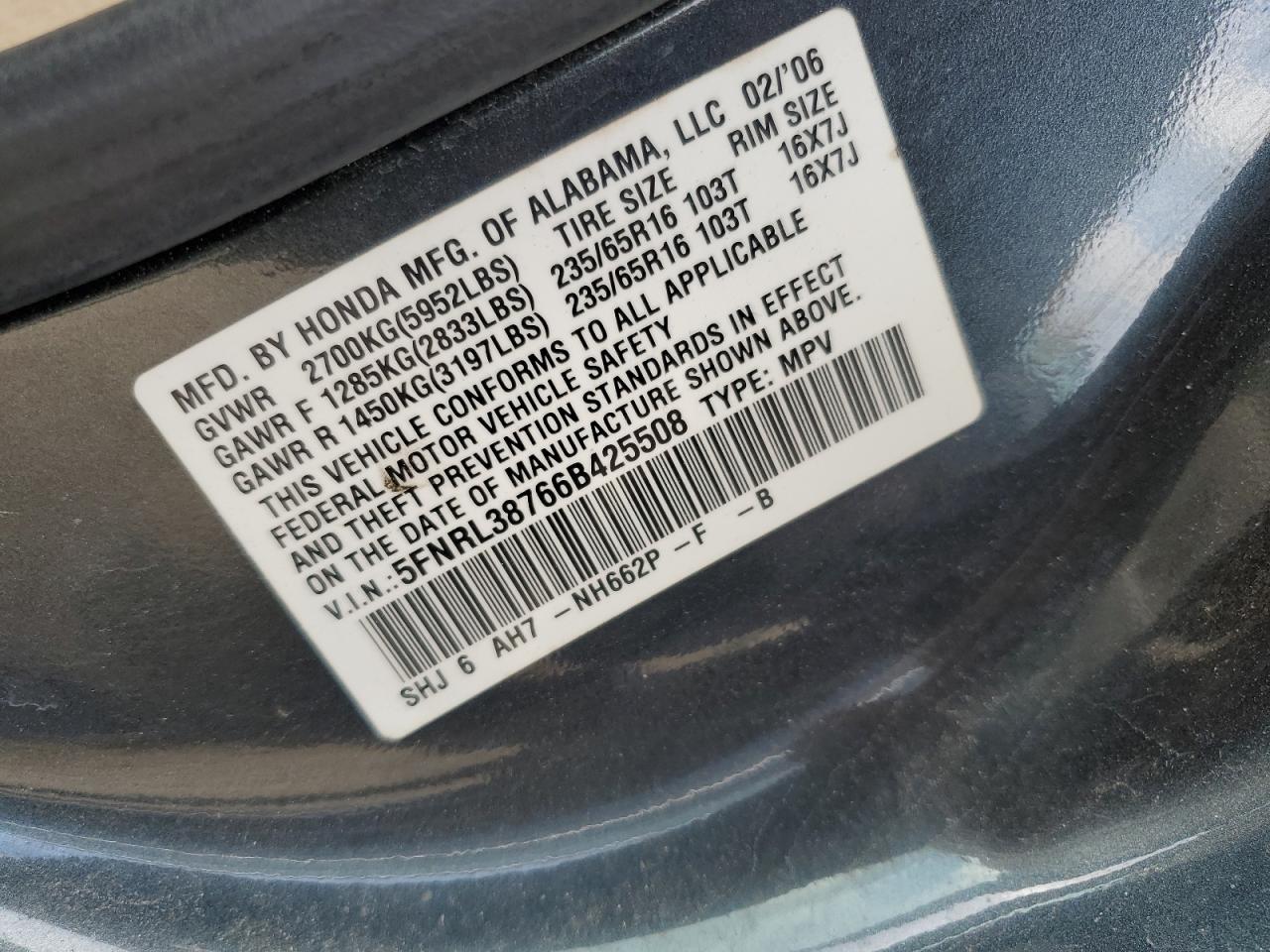 2006 Honda Odyssey Exl VIN: 5FNRL38766B425508 Lot: 60089605