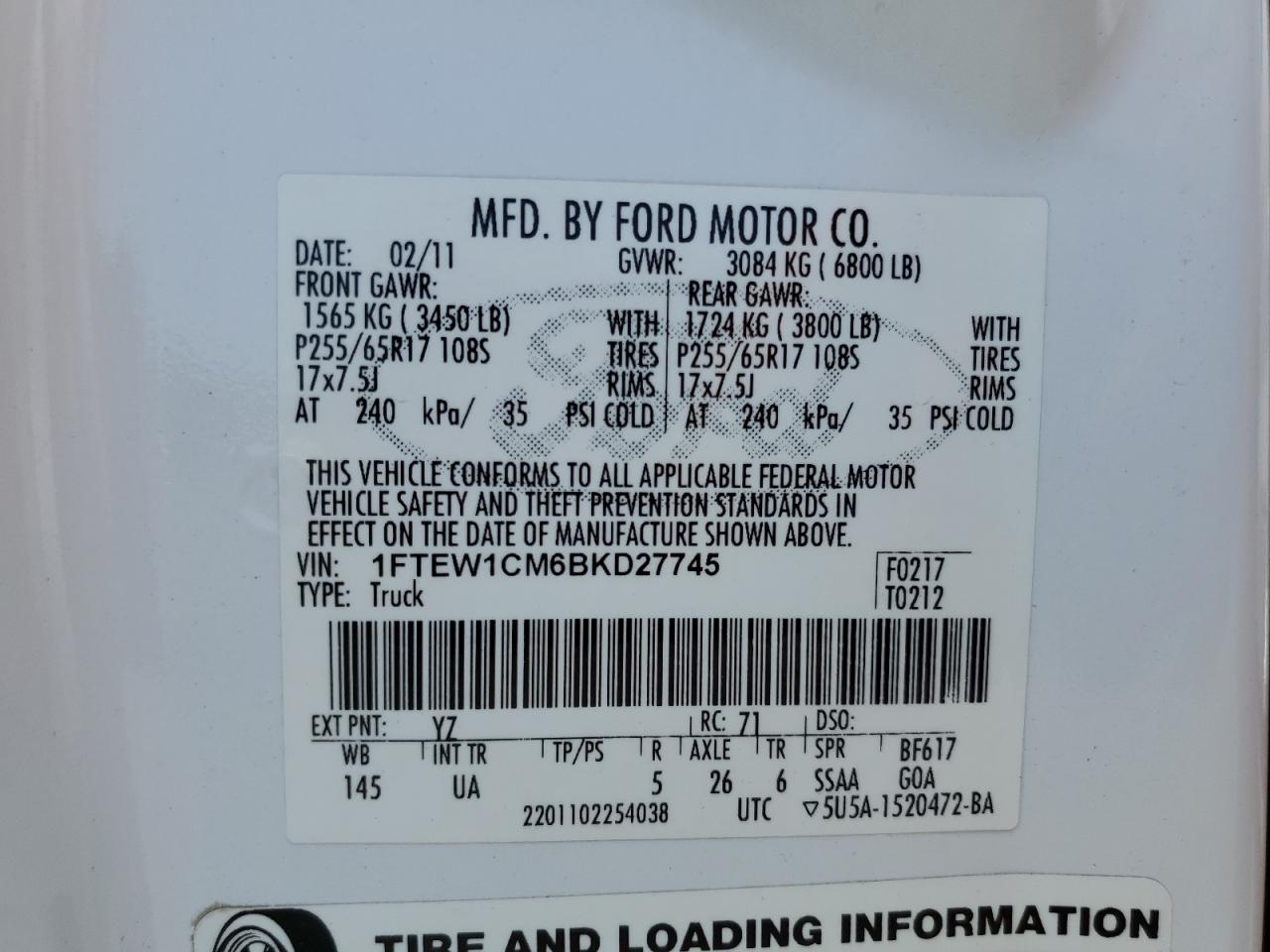 2011 Ford F150 Supercrew VIN: 1FTEW1CM6BKD27745 Lot: 59985895