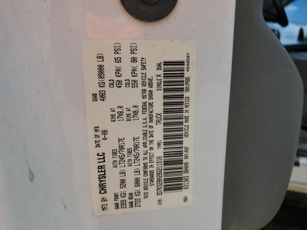 2008 Dodge Ram 2500 St VIN: 3D7KS28A28G211516 Lot: 59736925