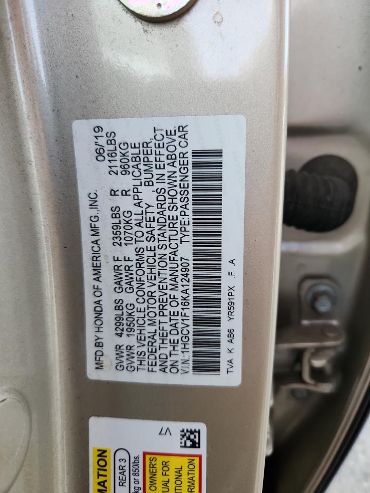 HONDA ACCORD 2019 VIN 1HGCV1F16KA124907 фото 13