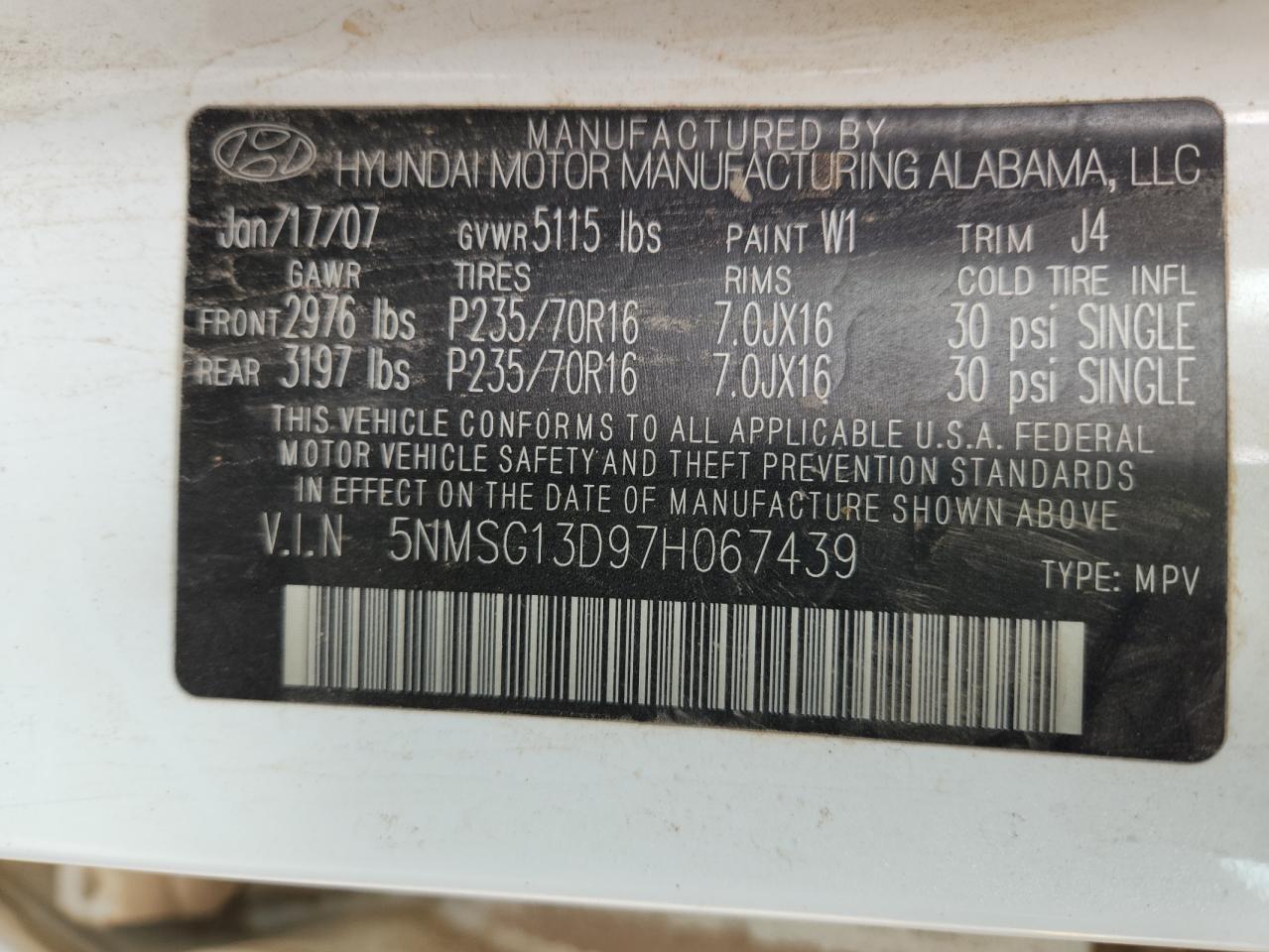 5NMSG13D97H067439 2007 Hyundai Santa Fe Gls