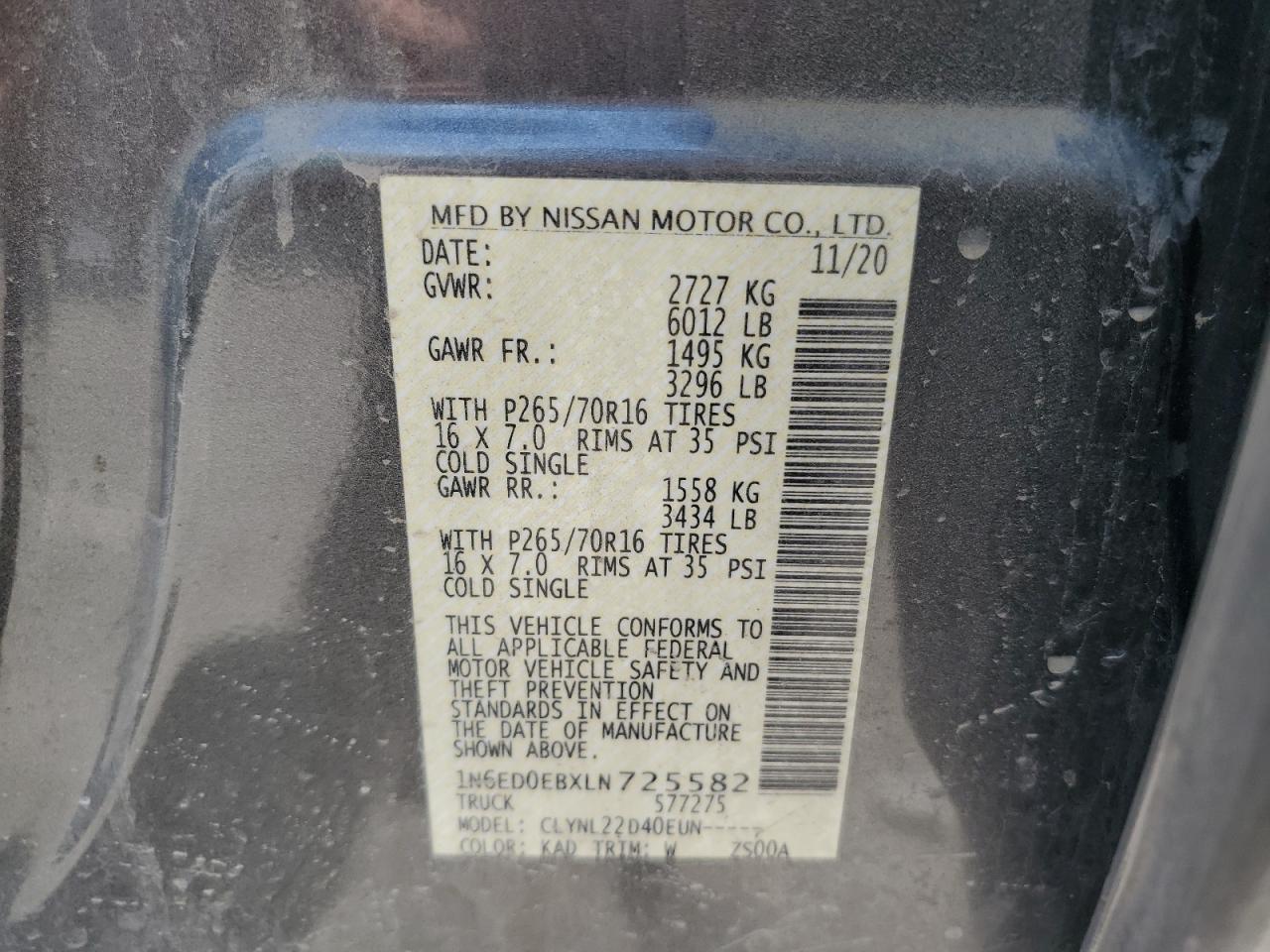 1N6ED0EBXLN725582 NISSAN FRONTIER 2020
