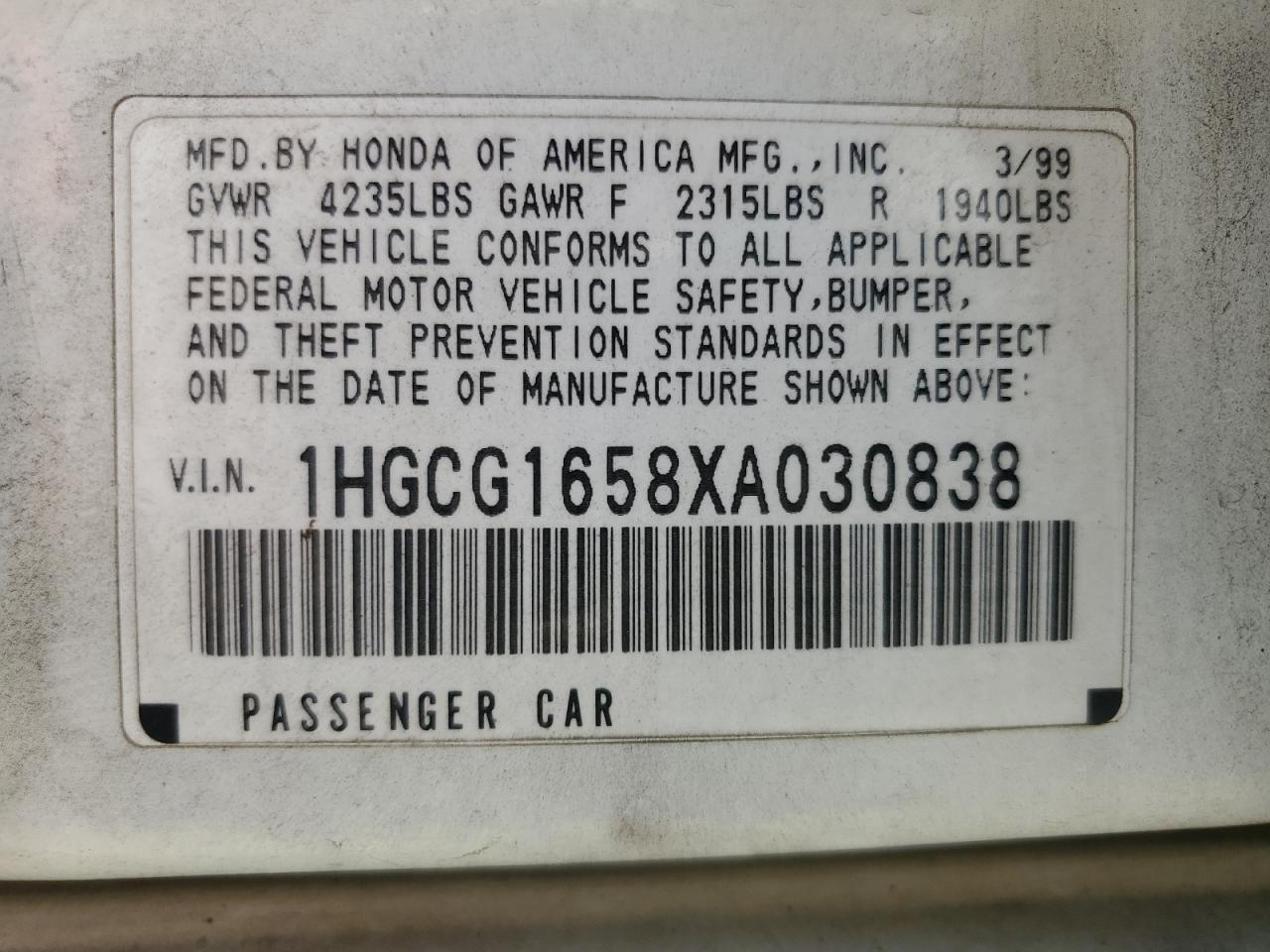 1999 Honda Accord Ex VIN: 1HGCG1658XA030838 Lot: 62613395