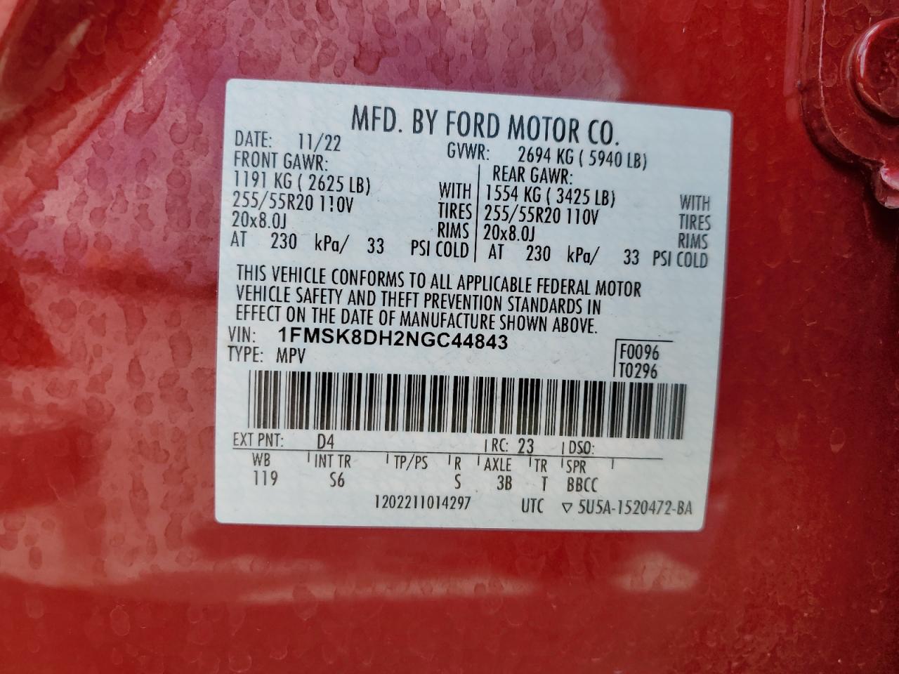 2022 Ford Explorer Xlt VIN: 1FMSK8DH2NGC44843 Lot: 62494015