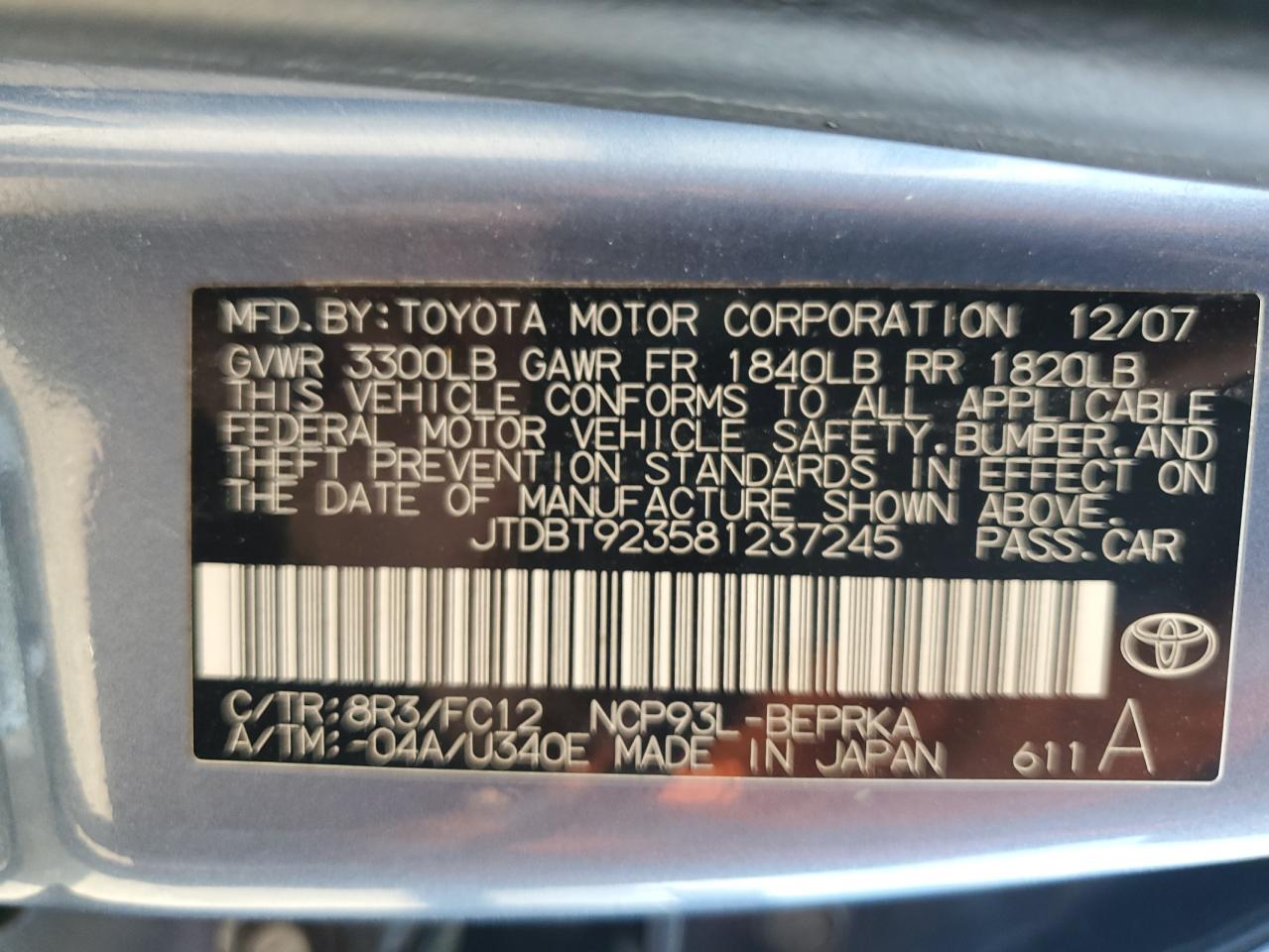 2008 Toyota Yaris VIN: JTDBT923581237245 Lot: 61238195