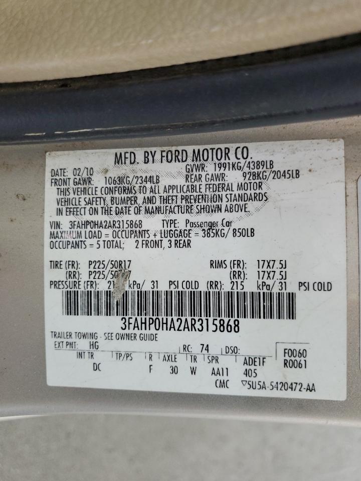 2010 Ford Fusion Se VIN: 3FAHP0HA2AR315868 Lot: 60537425