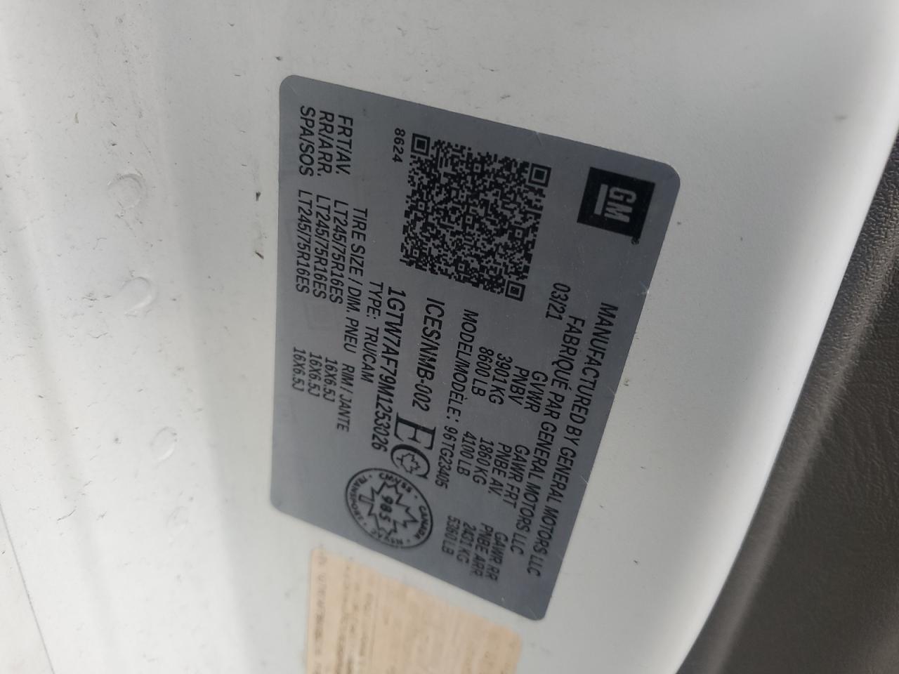 2021 GMC Savana G2500 VIN: 1GTW7AF79M1253026 Lot: 60847375