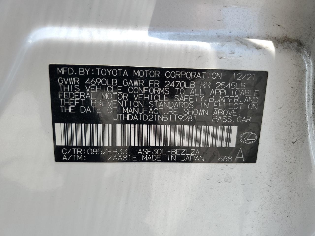 2022 Lexus Is 300 VIN: JTHDA1D21N5119281 Lot: 62851685