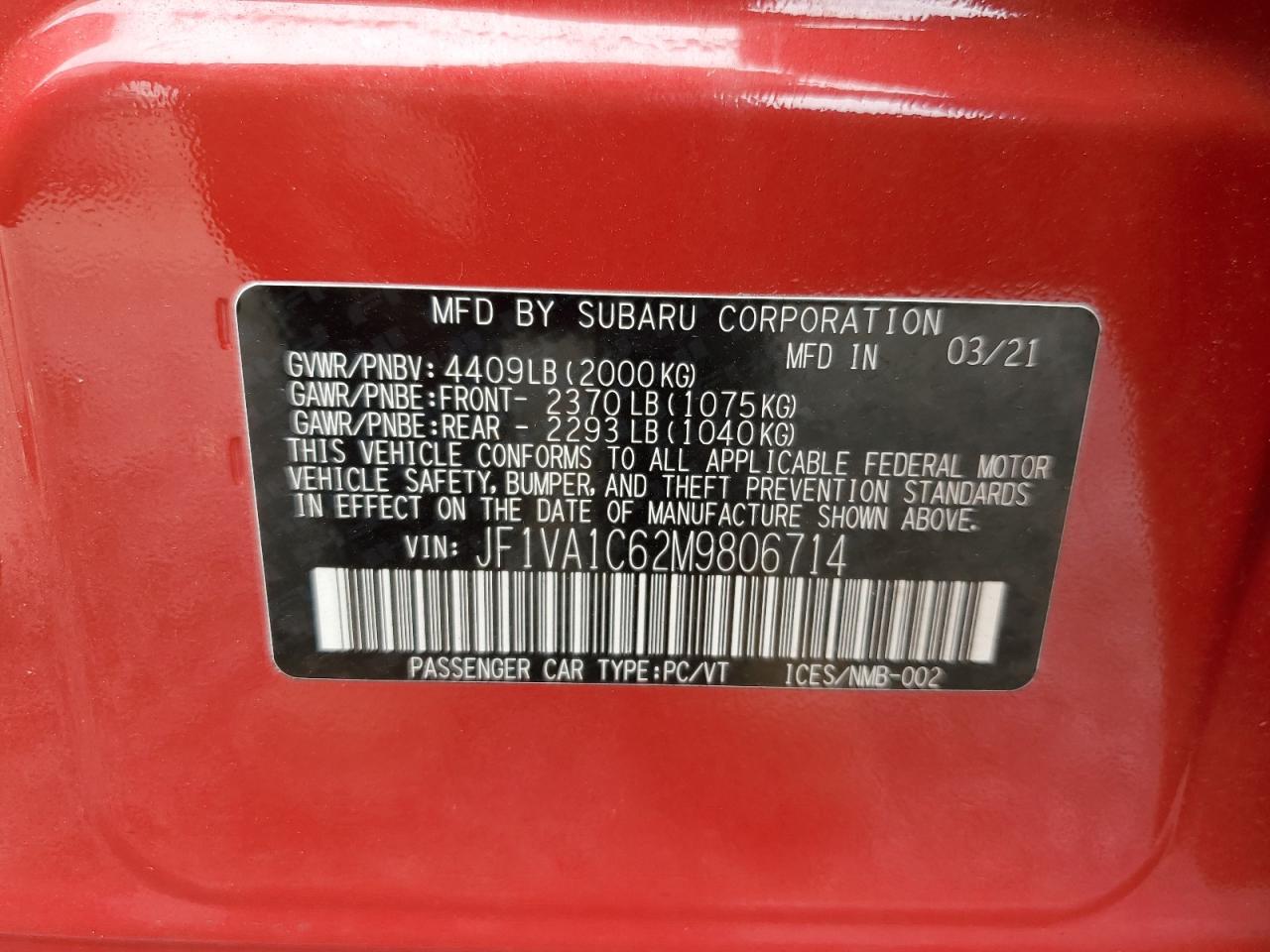 2021 Subaru Wrx Premium VIN: JF1VA1C62M9806714 Lot: 62915515