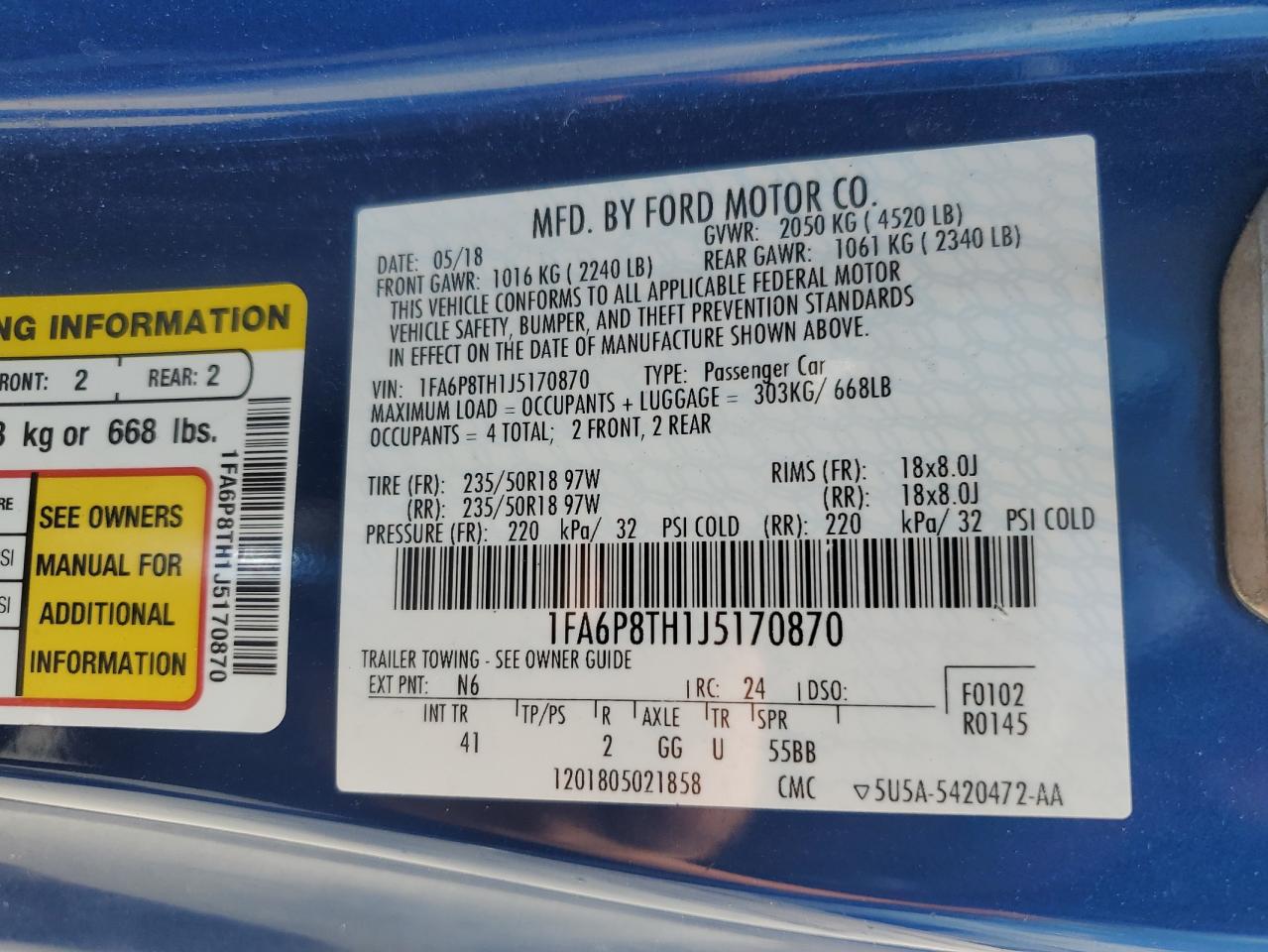 2018 Ford Mustang VIN: 1FA6P8TH1J5170870 Lot: 61822365