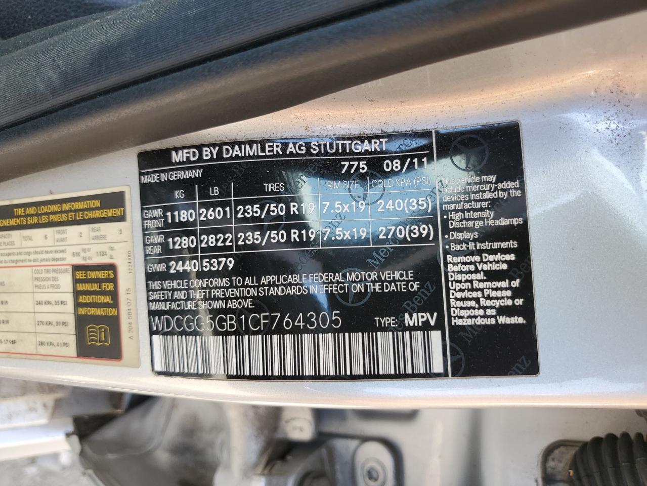 2012 Mercedes-Benz Glk 350 VIN: WDCGG5GB1CF764305 Lot: 62600895