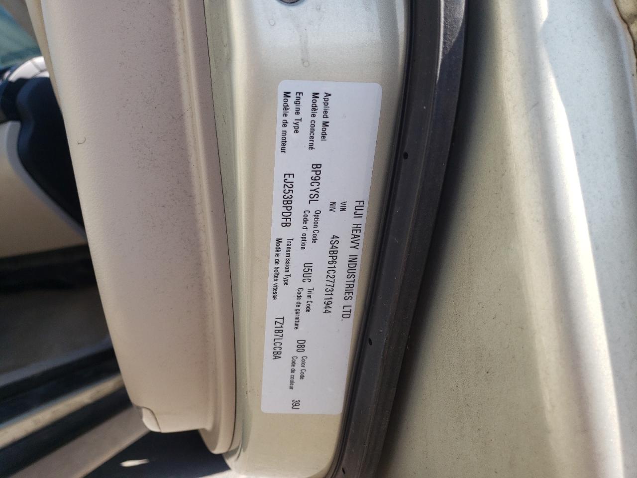 2007 Subaru Outback Outback 2.5I VIN: 4S4BP61C277311944 Lot: 62319295