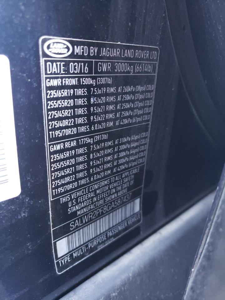2016 Land Rover Range Rover Sport Hse VIN: SALWR2PF8GA587437 Lot: 62377945