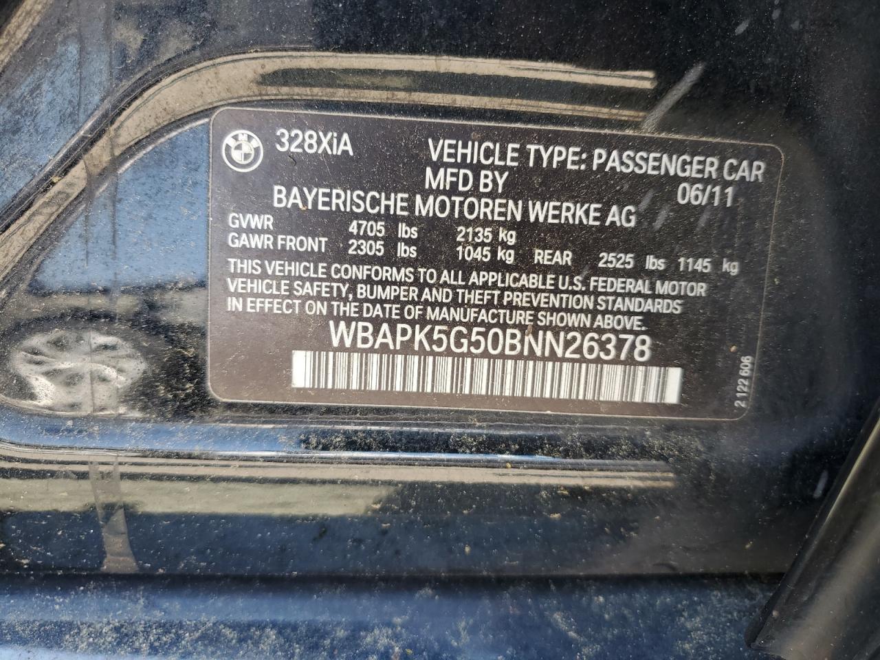 2011 BMW 328 Xi Sulev VIN: WBAPK5G50BNN26378 Lot: 58738995