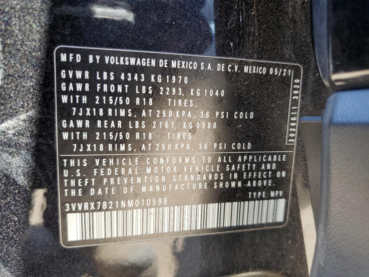 2022 Volkswagen Taos Se VIN: 3VVRX7B21NM010598 Lot: 60680165