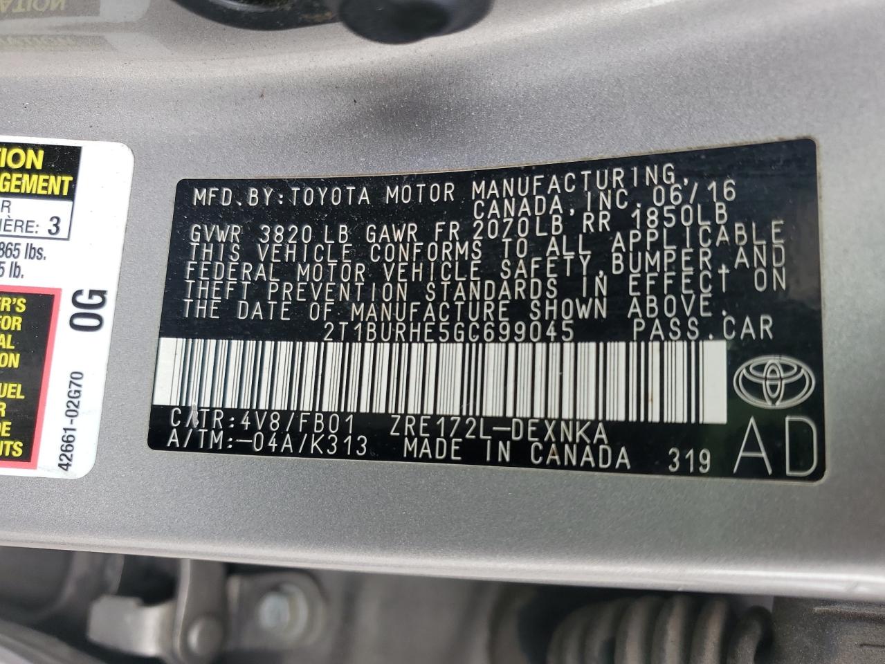 2016 Toyota Corolla L VIN: 2T1BURHE5GC699045 Lot: 61143735