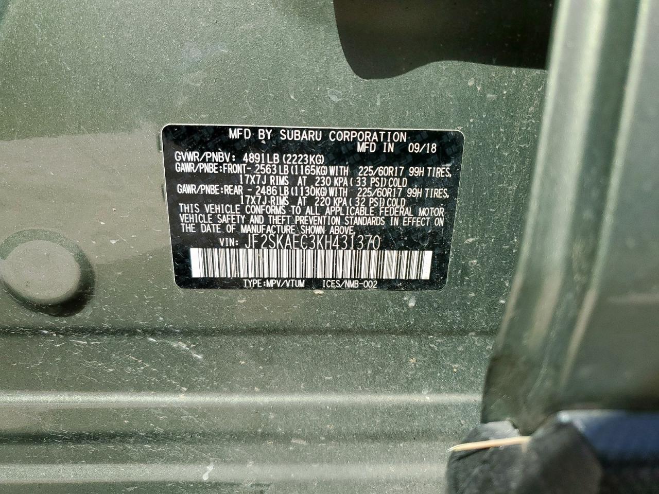 2019 Subaru Forester Premium VIN: JF2SKAEC3KH431370 Lot: 61427485
