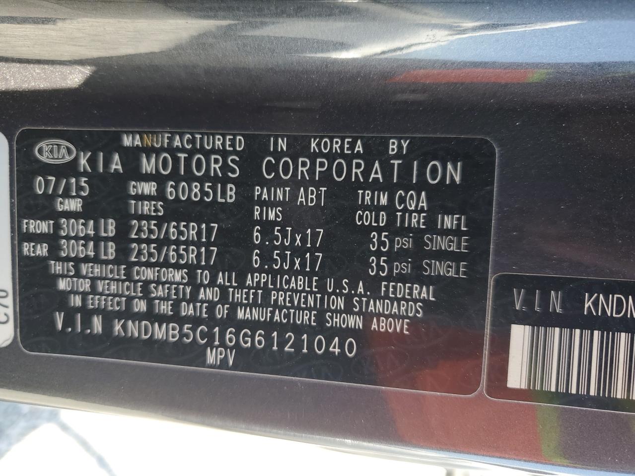 2016 Kia Sedona Lx VIN: KNDMB5C16G6121040 Lot: 62597355