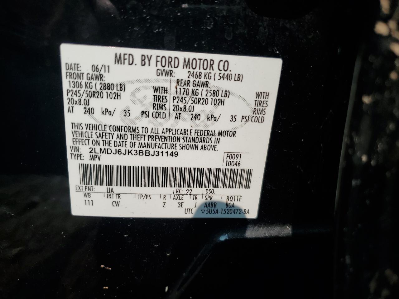 2011 Lincoln Mkx VIN: 2LMDJ6JK3BBJ31149 Lot: 58978285