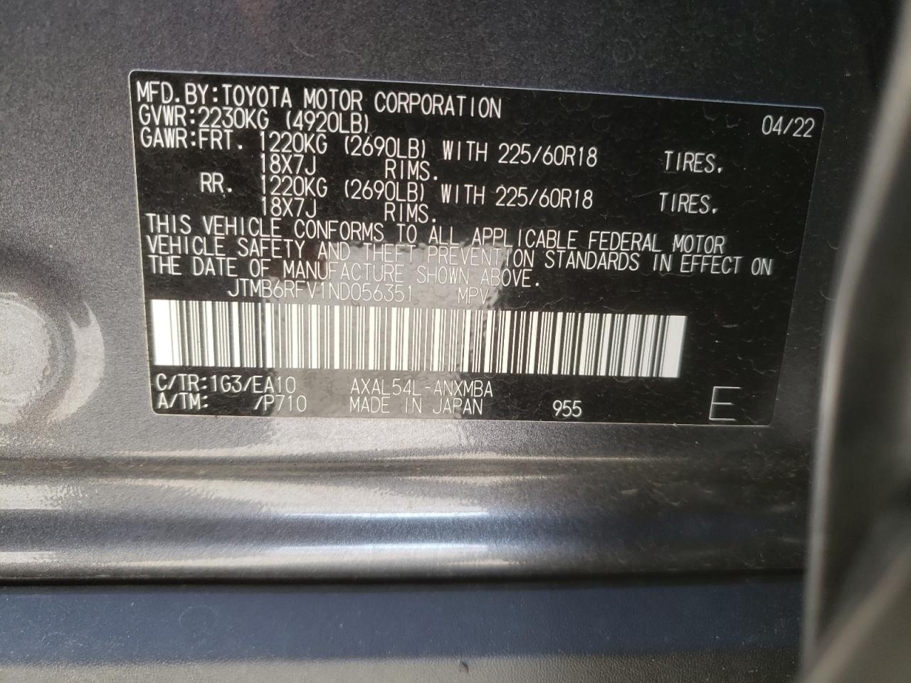 2022 Toyota Rav4 Xle Premium VIN: JTMB6RFV1ND056351 Lot: 61648465