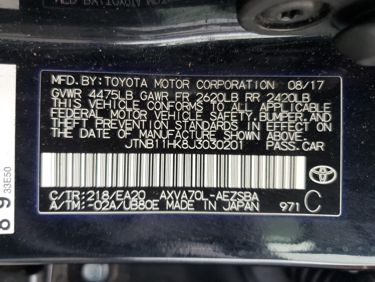 JTNB11HK8J3030201 TOYOTA CAMRY 2018