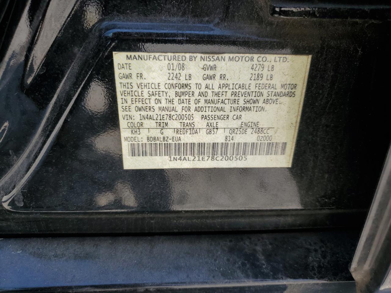 2008 Nissan Altima 2.5 VIN: 1N4AL21E78C200505 Lot: 62155995