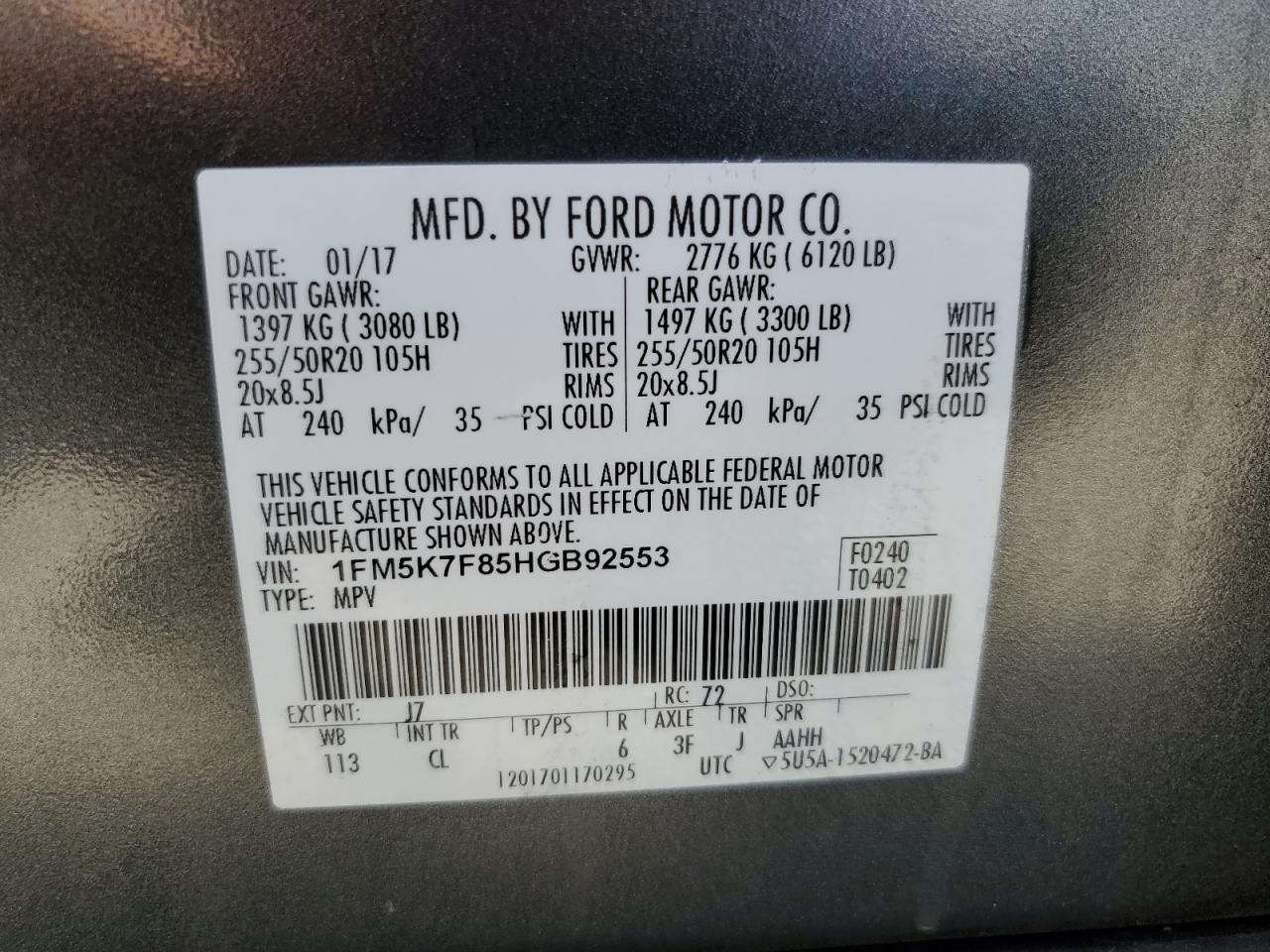 2017 Ford Explorer Limited VIN: 1FM5K7F85HGB92553 Lot: 62933325