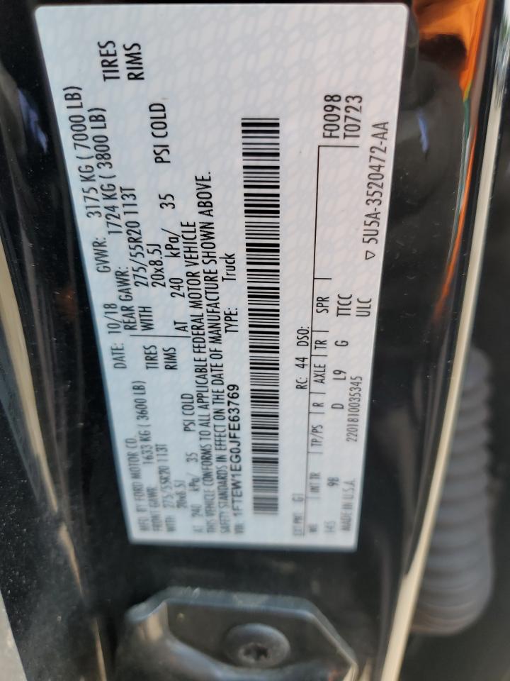 2018 Ford F150 Supercrew VIN: 1FTEW1EG0JFE63769 Lot: 59083335