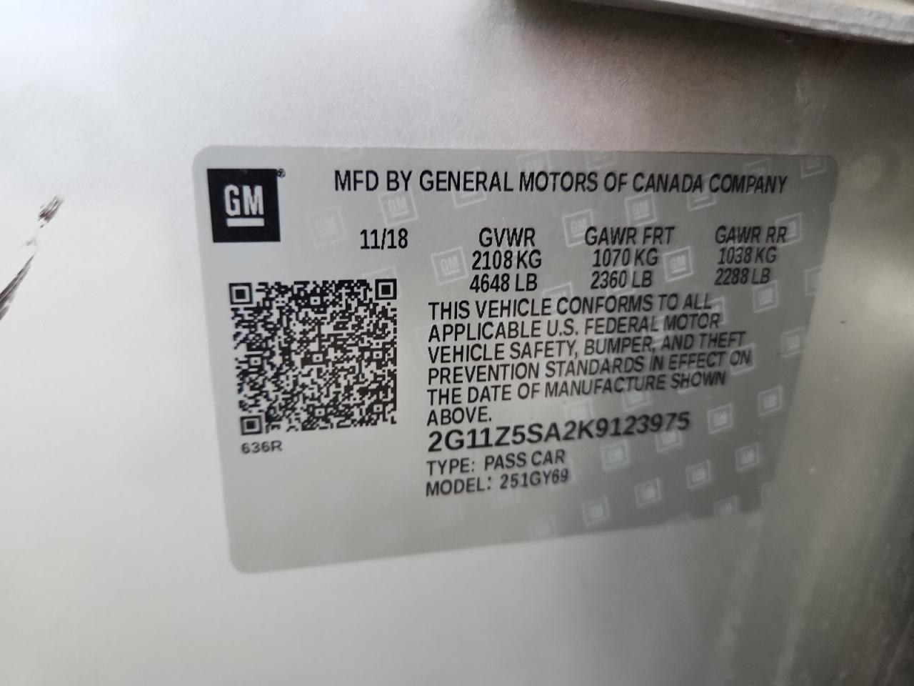 2019 Chevrolet Impala Lt VIN: 2G11Z5SA2K9123975 Lot: 62899865
