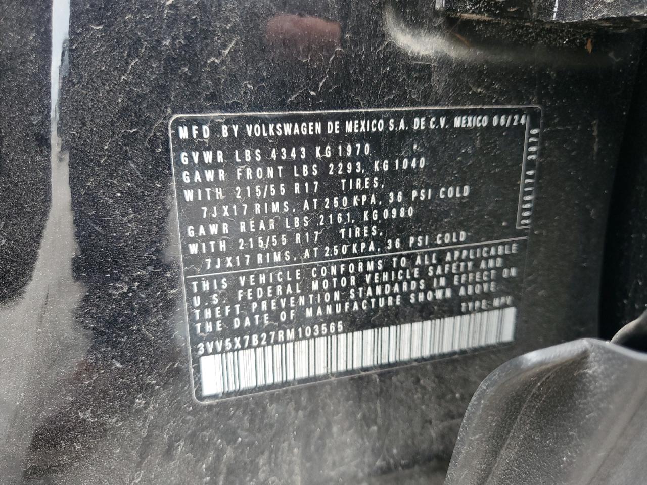 2024 Volkswagen Taos S VIN: 3VV5X7B27RM103565 Lot: 59174165