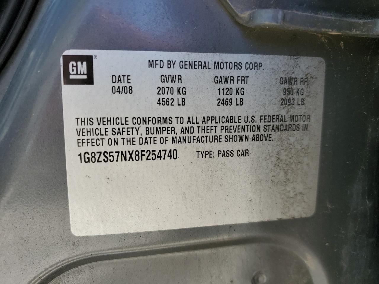 2008 Saturn Aura Xe VIN: 1G8ZS57NX8F254740 Lot: 61415085