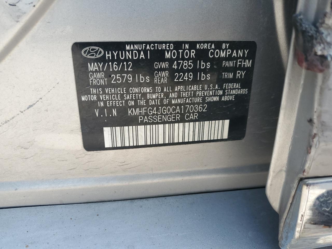 2012 Hyundai Azera Gls VIN: KMHFG4JG0CA170362 Lot: 62398995