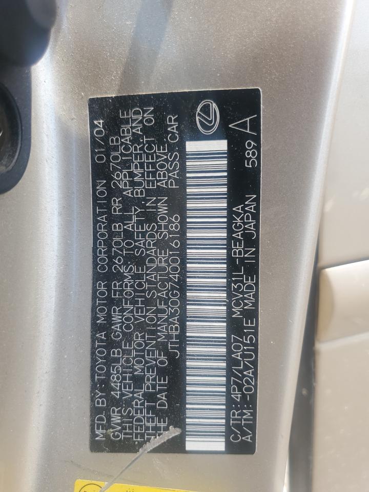 2004 Lexus Es 330 VIN: JTHBA30G740016186 Lot: 58178235