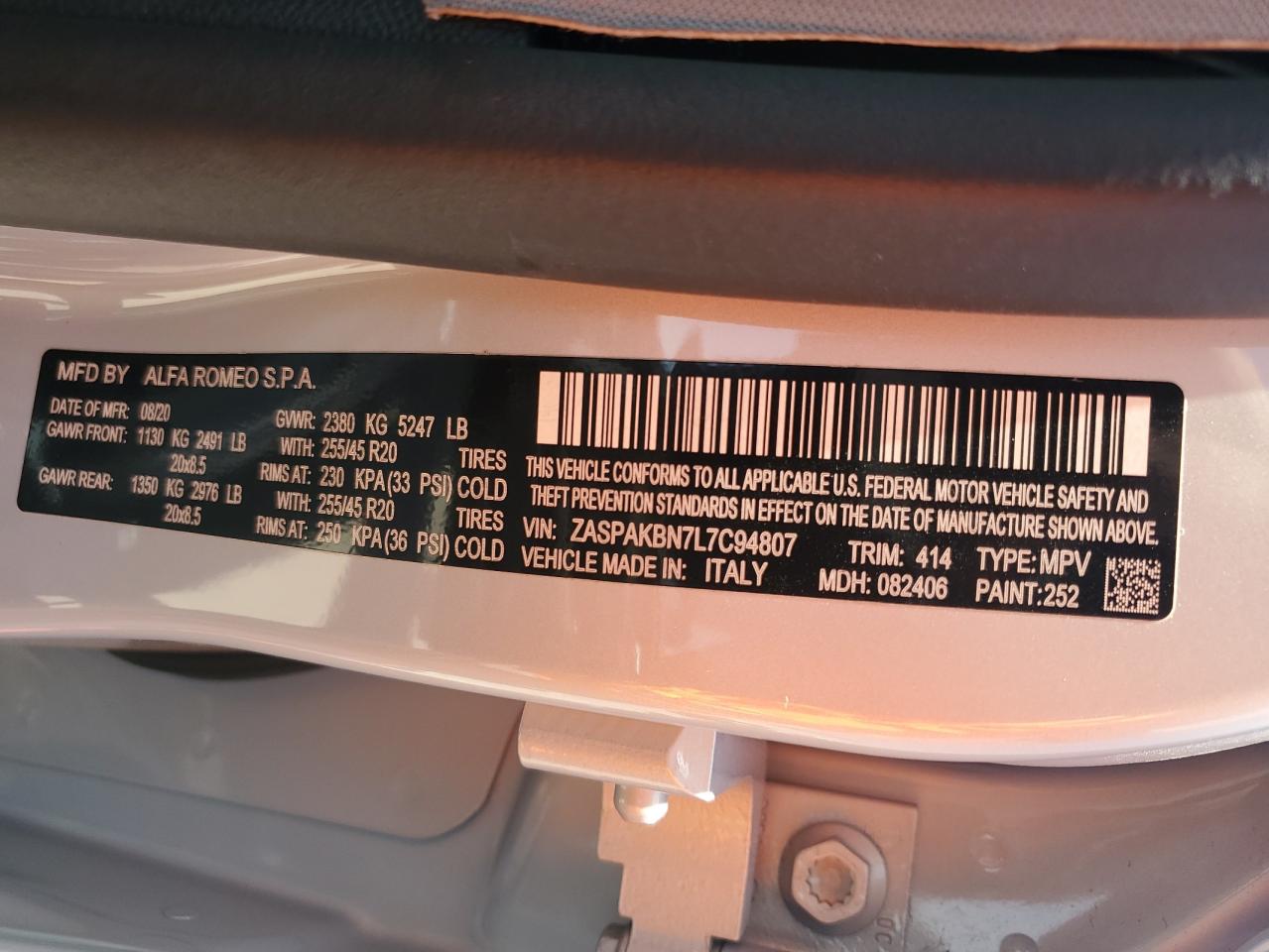 2020 Alfa Romeo Stelvio Ti VIN: ZASPAKBN7L7C94807 Lot: 62432225