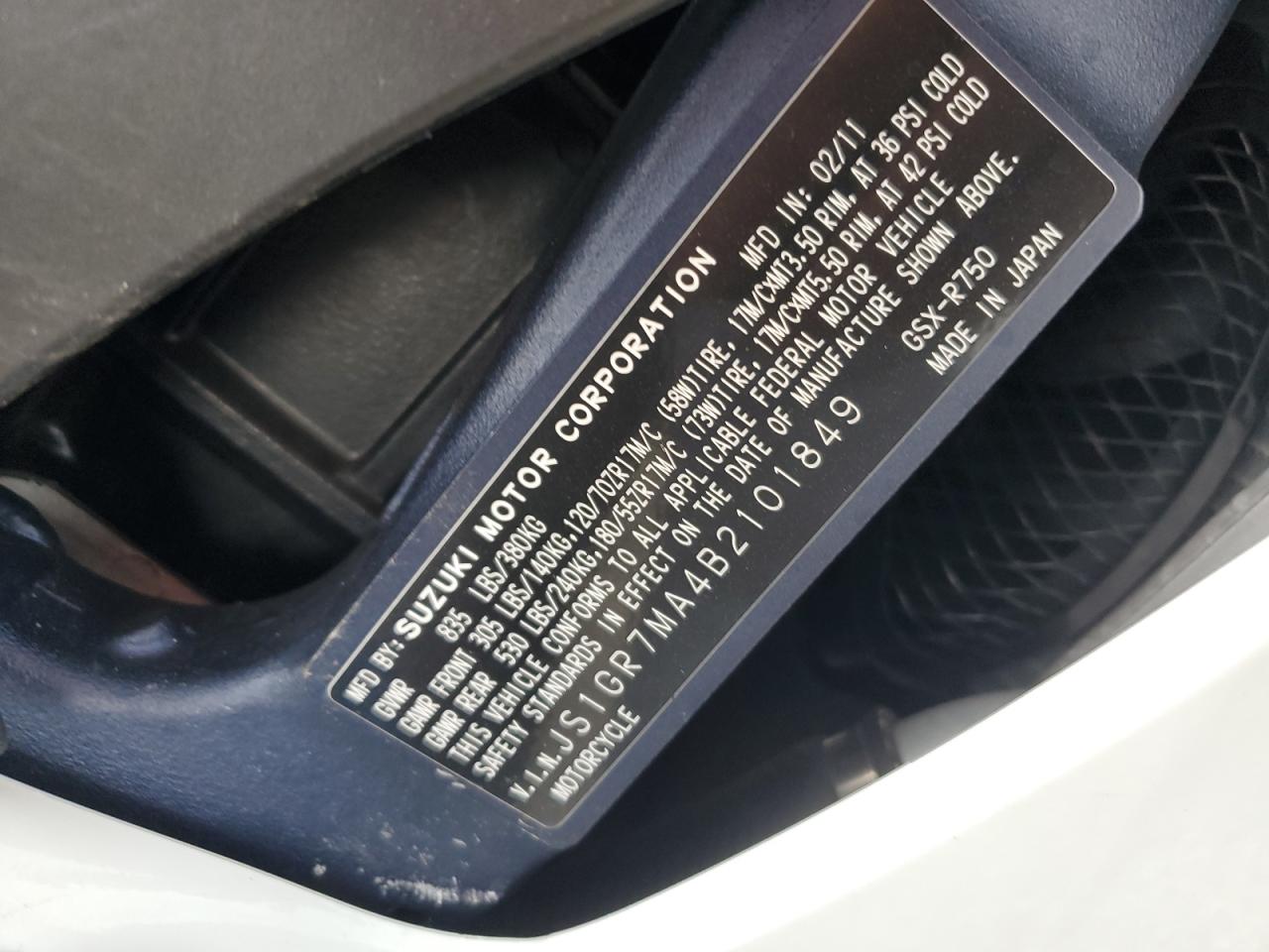 2011 Suzuki Gsx750 VIN: JS1GR7MA4B2101849 Lot: 61404385