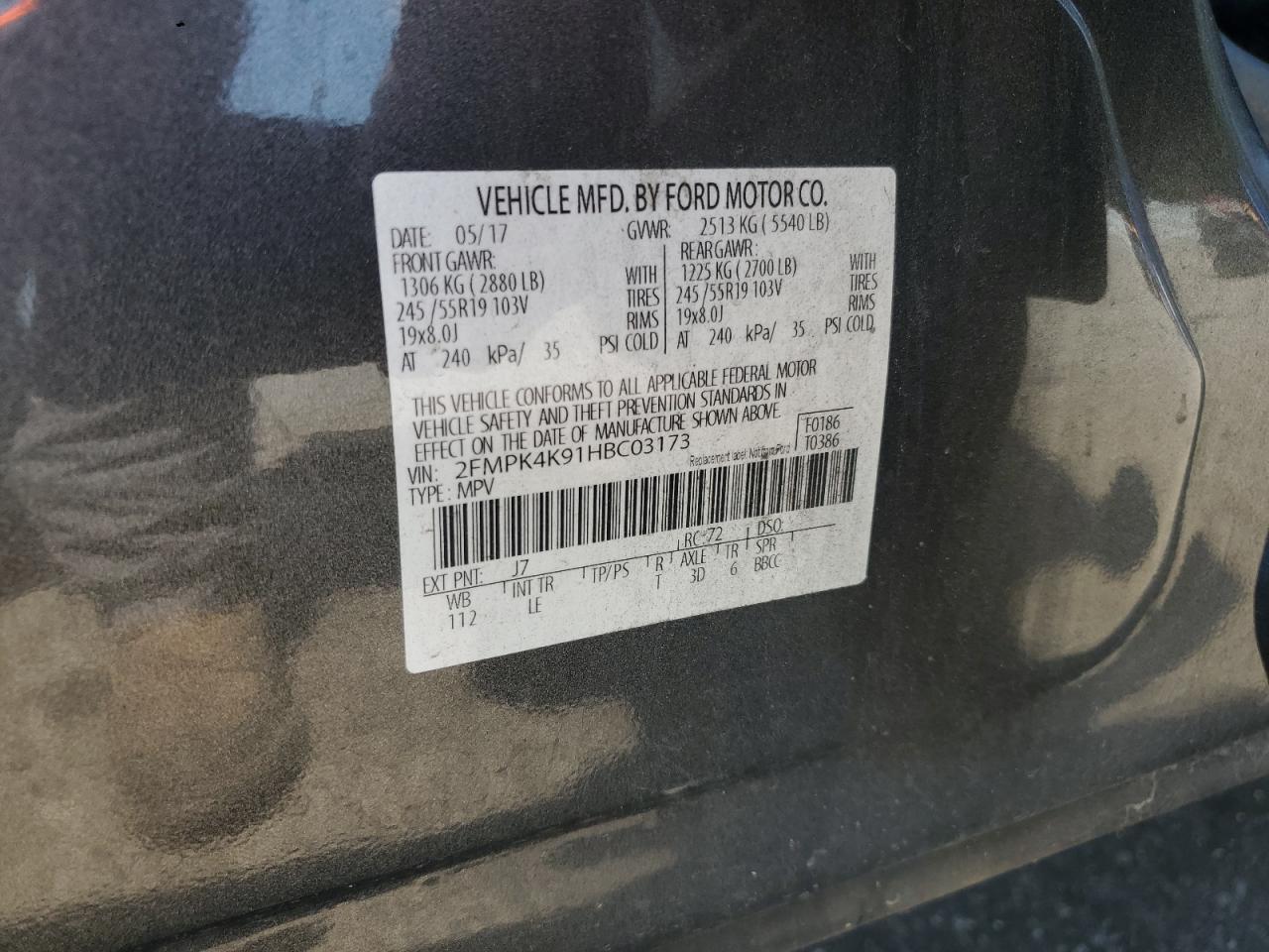 2017 Ford Edge Titanium VIN: 2FMPK4K91HBC03173 Lot: 62754225