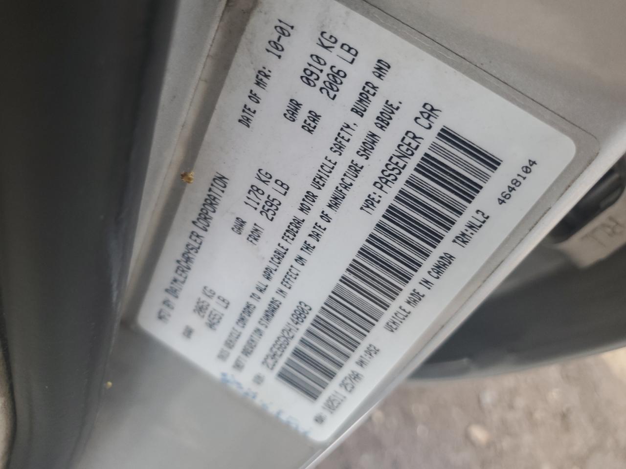 2002 Chrysler 300M VIN: 2C3HE66GX2H148803 Lot: 60125345