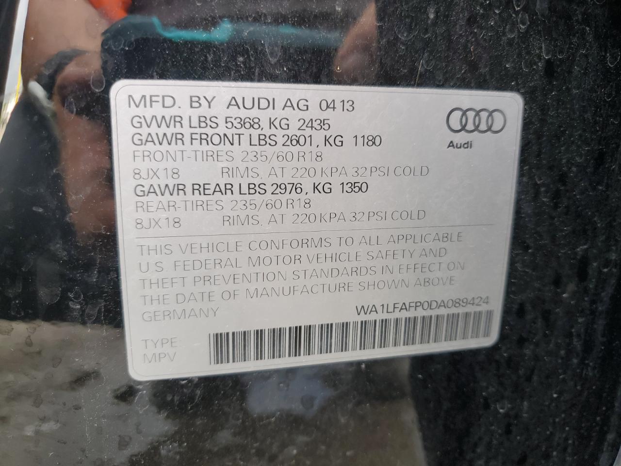 2013 Audi Q5 Premium Plus VIN: WA1LFAFP0DA089424 Lot: 60073035